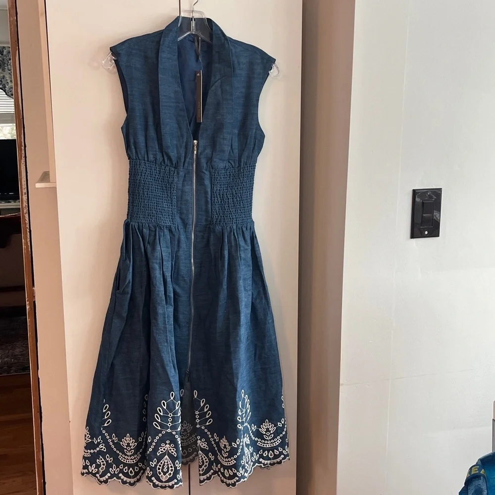 Anthropologie The Tommie Denim Chambray Zip Front Eyelet Trim Dress Blue XSP NWT - Picture 6 of 14